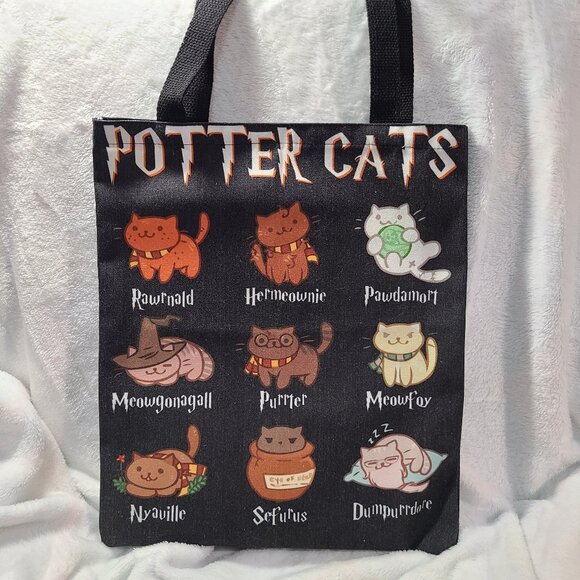 Potter Cats Black Cloth Tote Bag 15.5 x 13 Harry Ron Hermione Magic Hogwarts NEW - Picture 1 of 6